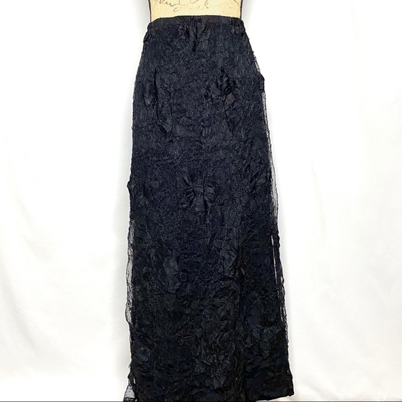 Kedem Sasson Black Mesh Lace Crinkle Maxi Skirt - Picture 1 of 7